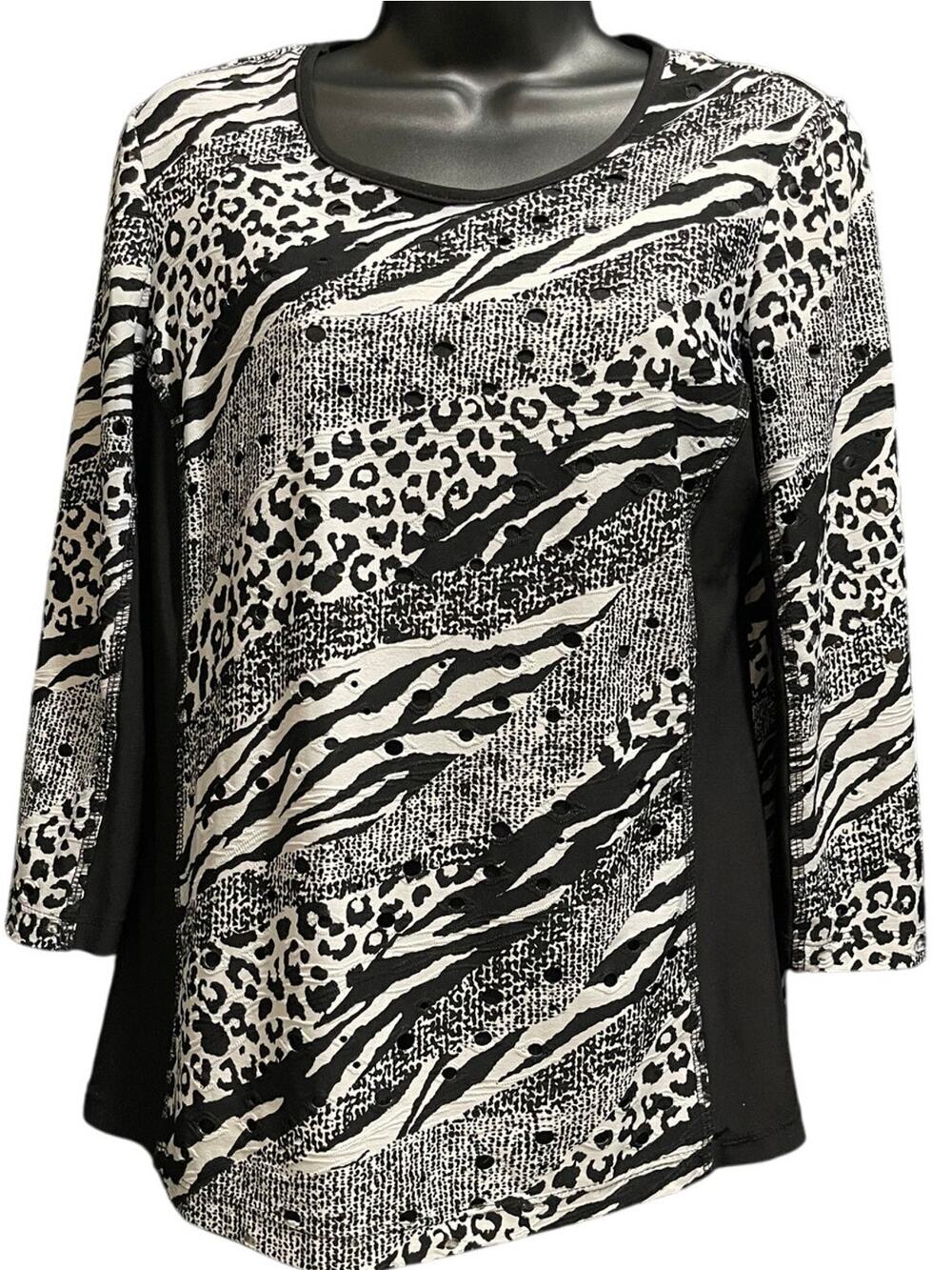 Libra Size Medium 3/4 Sleeve Animal Print White & Black Blouse
